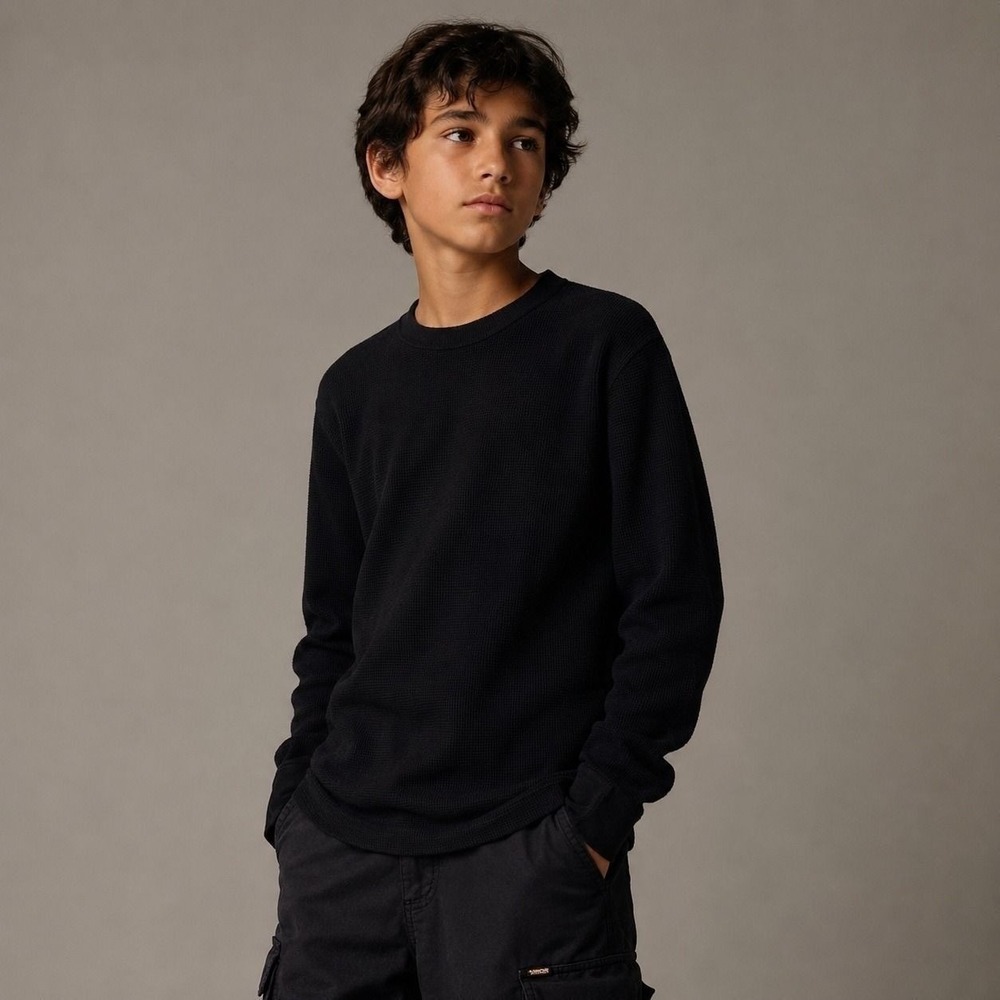 Southpole Y2K Black Waffle Knit Thermal Long Sleeve Crewneck Youth M